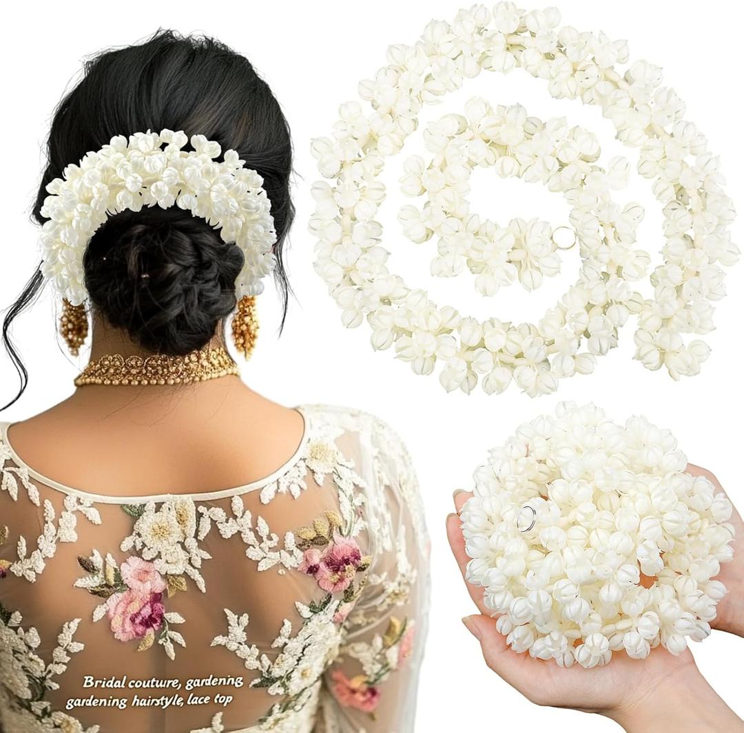 Wavwavw 2 Pcs Indian Hair Accessories Artificial White Jasmine Flowers Garland Gajra for Women, Idols, Photo Frames, Dance Competitions