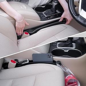 Car Seat Gap PU Filler Set of 2，Stop Things from Dropping，Filler with Organizer & Hook Function,Fill The Gap Between Seat & Console (Black)