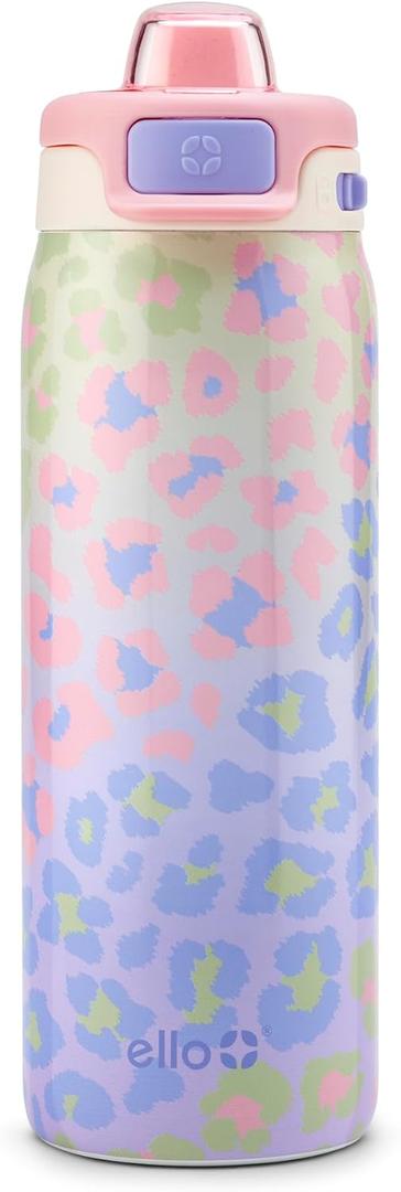 Ello Pop & Fill 18oz Stainless Steel Kids Water Bottle with Quick Fill Lid | Vacuum Insulated BPA Free Bottle with Leak Proof Straw and Chug Lid, Dishwasher Safe, Gift For Kids Teens, Cheetah
