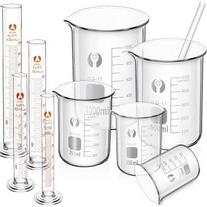 Feekoon 10 Pieces Glass Measuring Beaker and Graduated Measuring Cylinder with Stirring Rod 50/100/ 250/500/ 1000 ml Thick Glass Beakers and 5/10/ 50/100 ml Graduated Cylinders for Science Lab