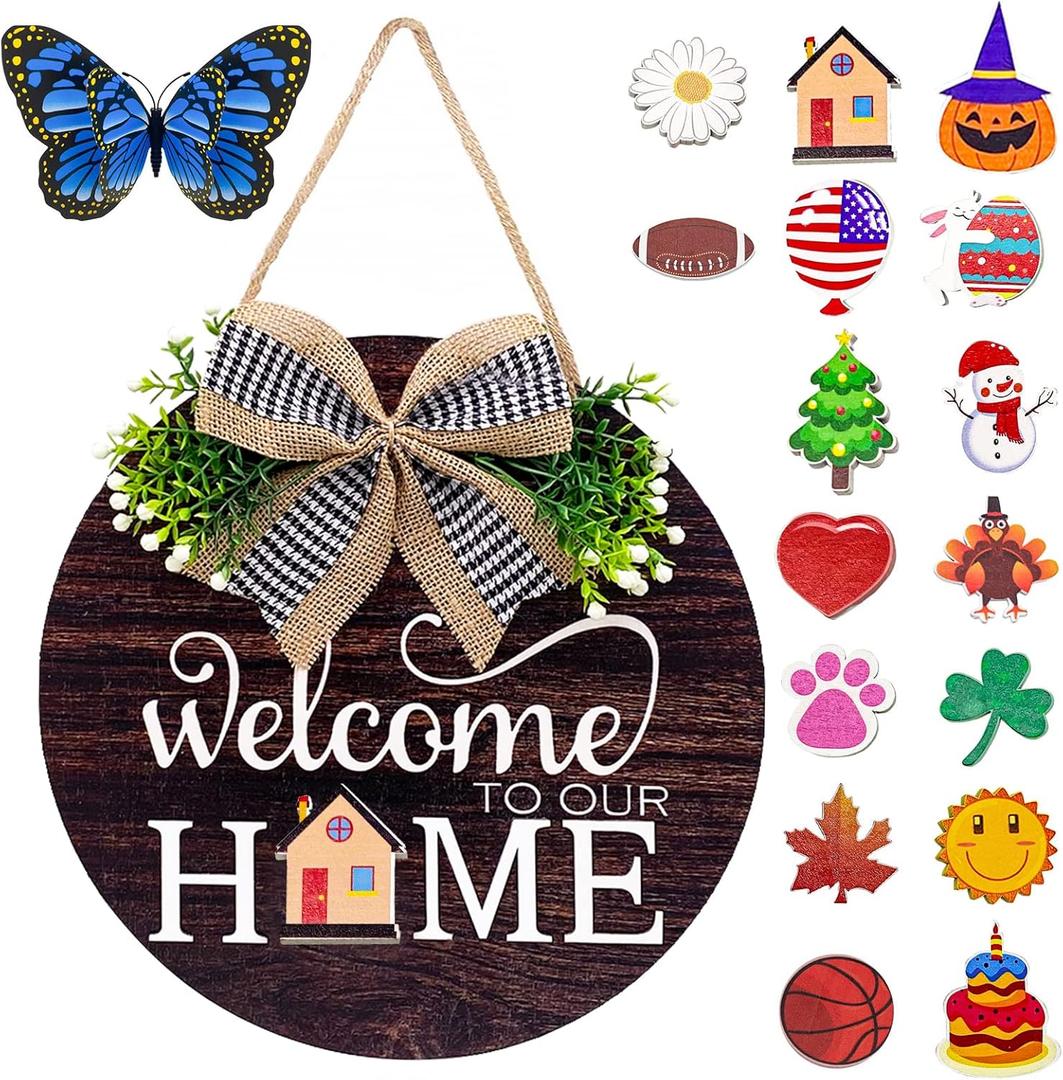 Interchangeable Seasonal Welcome Sign Front Door Decorations, Round Wood Wreath for Outdoor, Farmhouse, Porch Perfect for New Home Housewarming Gift, Valentine's, Easter, Christmas Home Decor (Brown)