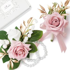 Serwalin Pink Corsage and Boutonniere Set, Prom Corsage and Boutonniere Set of Wedding Flowers Homecoming Accessories Party Suit Decoration