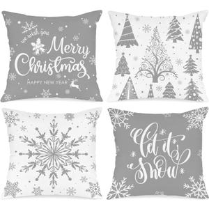 Lanpn White and Grey Christmas Throw Pillow Covers 16x16 Set of 4, Decorative 16 inch Gray Winter Snowflake Xmas Cushion Covers Pillow Cases for Home Bedroom Room Holiday Couch Decor Decorations