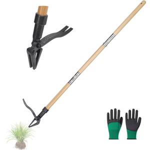 Weed Puller Tool Stand Up Weed Puller Tool with 3-Section Bamboo Handle & 4-Claw Steel Head Manual Weeder for Lawn and Garden (Bamboo)