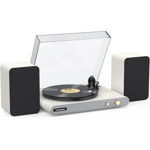 Vinyl Record Player with 40W Bookshelf Speakers and Dual Bluetooth,Hi-fi System Turntable with USB Record,Built-in Phono Preamp, Counterweight, Pitch and AT-3600L,PU Leather White