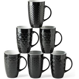 AmorArc Large Coffee Mugs Set of 6, 20oz Ceramic Tall Coffee Mugs Set with Textured Geometric Patterns for Latte/Tea/Beer/Hot Cocoa, Dishwasher & Microwave Safe, Black