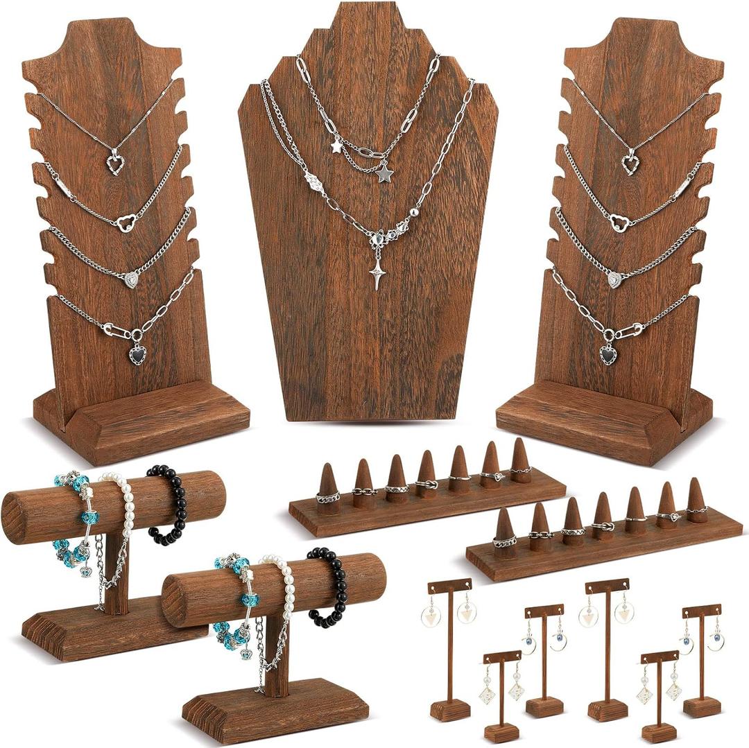 Jerify 13 Pcs Jewelry Displays Holder Set Wooden T Shape Necklace Bracelet Finger Ring Earring Display Stand for Home Jewelry Organizer Store Showcase Selling