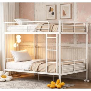 Bellemave Full Over Full Bunk Bed, Heavy Duty Metal Bunk Bed Frame with Ladder and Guardrail for Kids, Adults, Can be Split into 2 beds, White