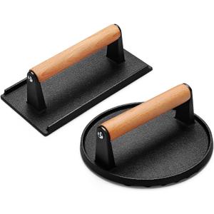 AIVIKI Burger Press, Smash Burger Press for Blackstone Griddle, Heavy Duty Cast Iron Round 6.9In & Rectangular 8.2x4.2In Bacon Grill Press with Wood Handle, Meat Steak Weight for Sandwich, Paninis