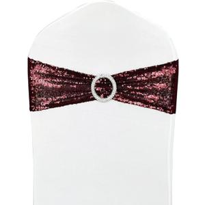 Chair Sashes Sequin Stretch Chair Bands Spandex Polyester Bows for Party Hotel Wedding Banquets Decoration - 6 Pcs Burgundy