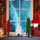 Meooeck 3 Pcs Green White Red Wood Christmas Trees Tabletop Rustic Christmas Decor Farmhouse Centerpieces Decorations for Tables with Rectangular Base for Home