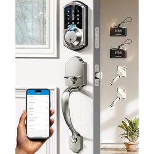 Veise VE07-H Fingerprint Smart Locks for Front Door with Handle Set, App Control, Keyless Entry Keypad Deadbolt, Digital Electronic Touchscreen, Easy Install, Auto Lock, Satin Nickel