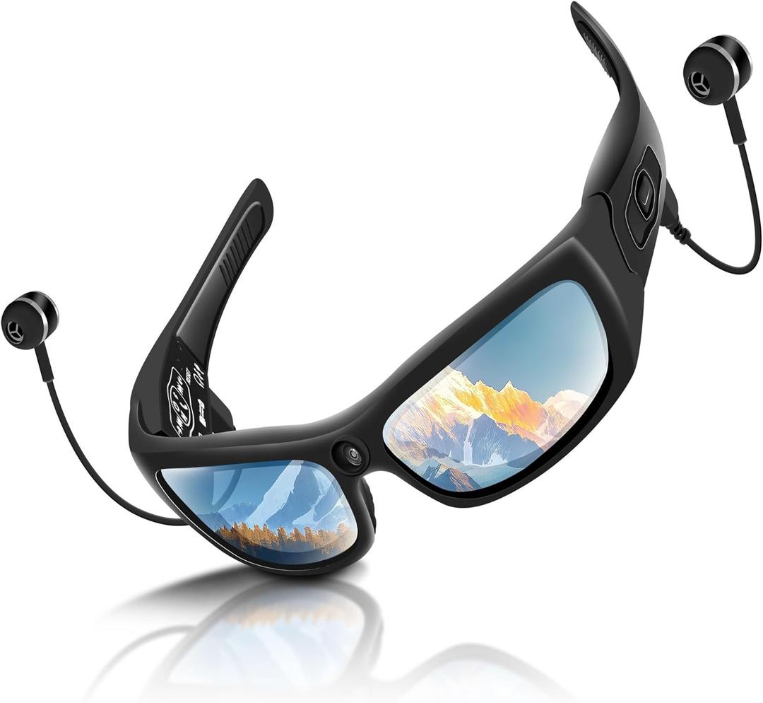 Camera Glasses with Bluetooth,Smart Sunglasses Camera 1080P,Sport Action Video Cameras,Video Glasses for Men with Earphone,Wearable Cam with Polarized Lens for Outdoor Sports,Cycling,Hiking(No Audio)