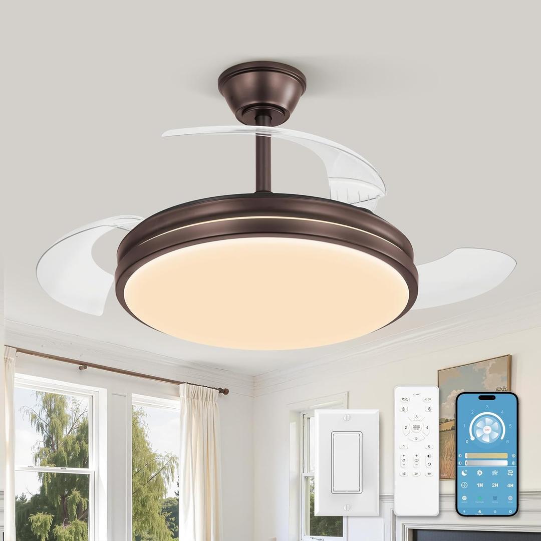 LEDIARY Retractable Ceiling Fan with Lights and Remote & APP Control, 42 Inch Fandelier Ceiling Fan with Light, 6 Speed Dimmable Reversible Memory, Modern Silent Smart Fan for Bedroom Living Room