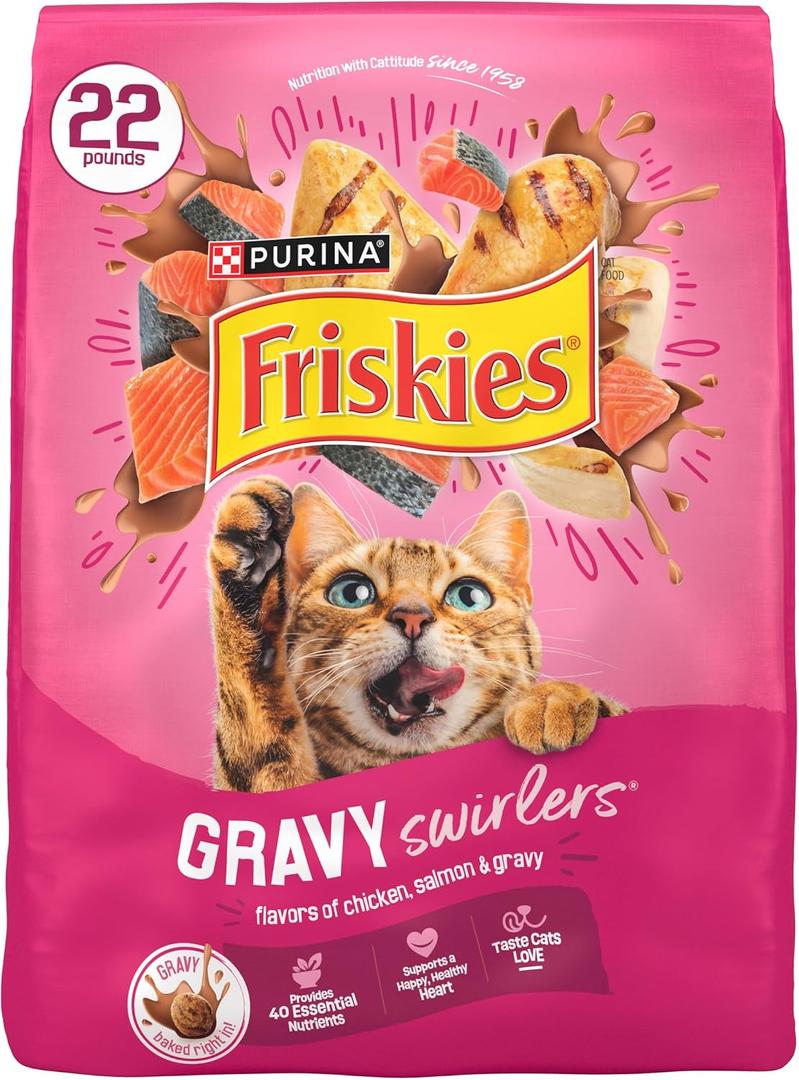 Purina Friskies Gravy Swirlers with Flavors of Chicken, Salmon and Gravy Dry Cat Food - 22 lb. Bag (EXP 08/01/27)