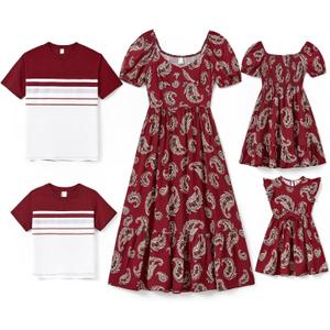 PATPAT Family Matching Summer Outfits, Mommy and Me Matching Shirts Dresses Paisley Print Matching Dresses for Family (X-Large, Burgundy)