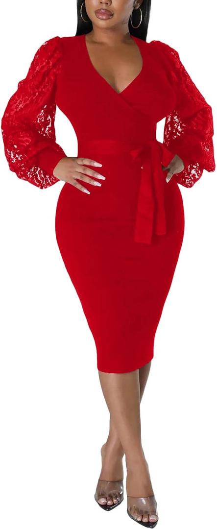 BOGURST Semi Formal Church Dresses for Women Bishop Sleeve Sexy V Neck Bodycon Midi Dresses, XL