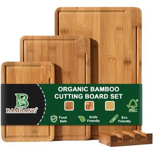 BAMBANG Bamboo Cutting Board, Dark Carbonized Chopping Boards Set of 3 with Stand, Butcher Block with Deep Juice Groove, Non-Toxic Wooden Cutting Boards for Kitchen Meal Prep & Serving