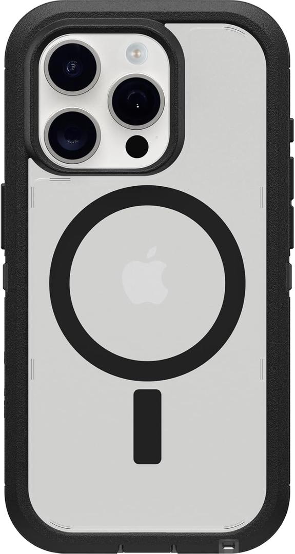 OtterBox iPhone 15 Pro (Only) Defender Series XT Clear Case - Dark Side (Black/Clear), Screenless, Rugged, Snaps to MagSafe, Lanyard Attachment