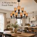 OVANUS 12-Light Rattan Chandelier, 2-Tier Boho Farmhouse Wicker Ceiling Fixture for Dining Room, Kitchen Island and Foyer, Black Brown