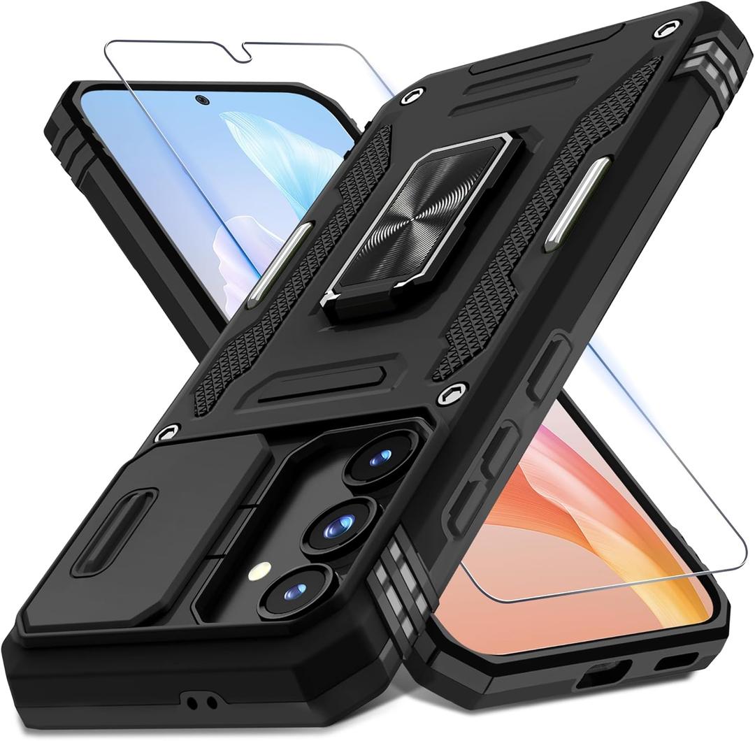 DEERLAMN Case for Samsung Galaxy S24 FE 6.7-Inch with Slide Camera Cover+Screen Protector(1 Pack), Rotated Ring Kickstand Military Grade Shockproof Protective Cover-Black
