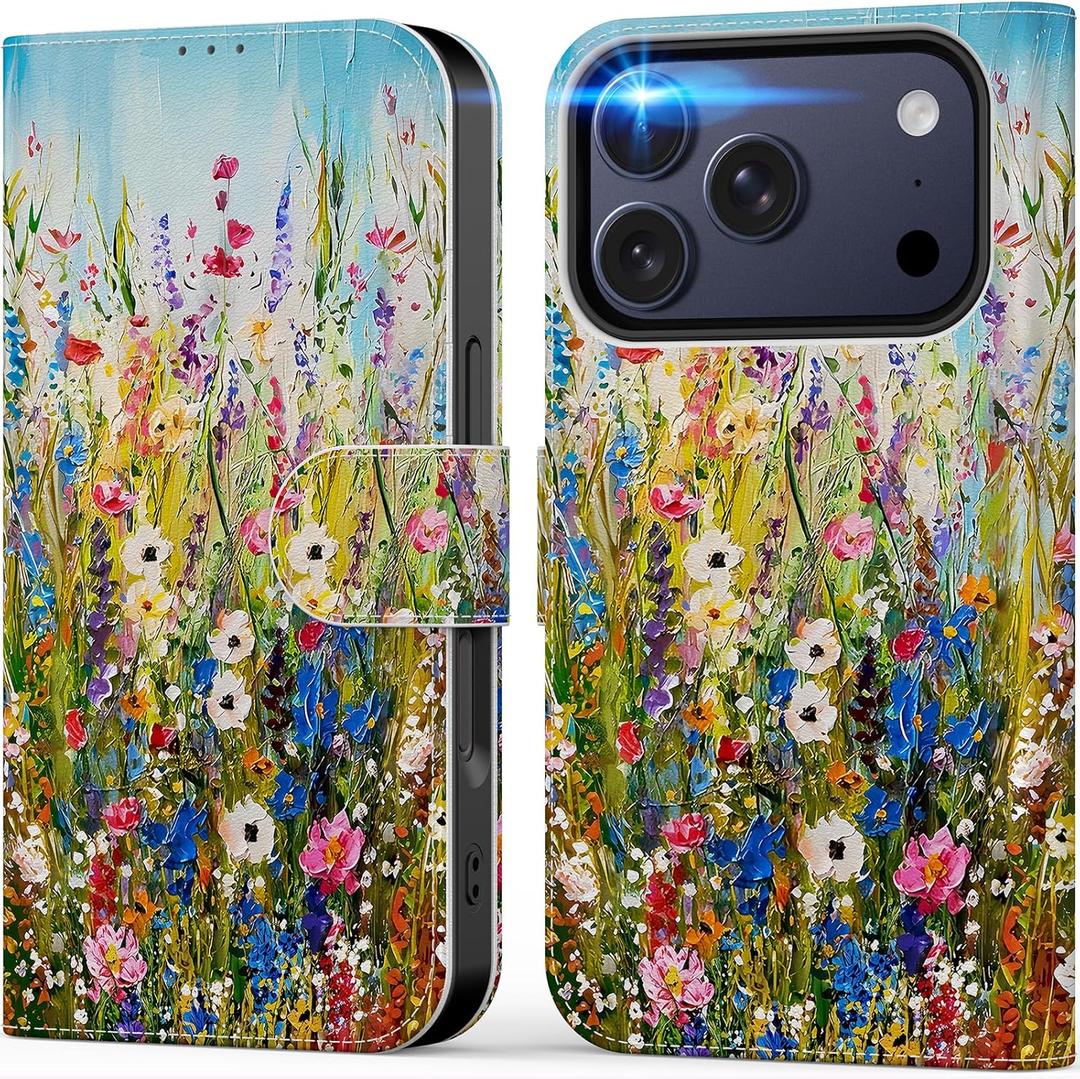 DEENAKIN for iPhone 17 Pro Max Wallet Case with Card Holder + Cash Clip, RFID-Blocking, Military-Grade Protection & UV-Printed Artwork, Magnetic Closure with Leather Stand - Wildflowers Painting