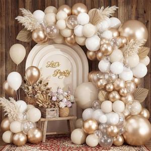 RUBFAC White and Champagne Gold Balloons Arch Kit, White Sand Metallic Party Balloon Different Sizes for Birthday Wedding Baby Shower Engagement Anniversary Decorations, 144pcs