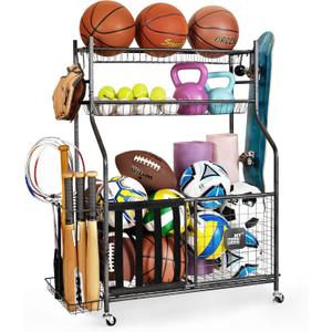 Mythinglogic Garage Sports Equipment Organizer, Baseball Storage Large Capacity, Sports Organizer for Garage with Hooks and Baskets, Ball Storage Rack for Football, Soccer Ball, Bat, Toys