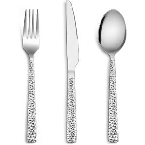 E-far 12-Piece Hammered Forks Spoons and Knives Set, Silverware Set for 4, Stainless Steel Square Flatware Set for Home Kitchen Restaurant, Mirror Polished & Dishwasher Safe