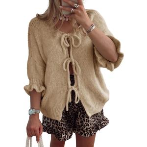 Saodimallsu Women's Tie Front Bow Cardigan Sweaters Lightweight Knit Ruffle Half Sleeve 2025 Trendy Jacket, XL