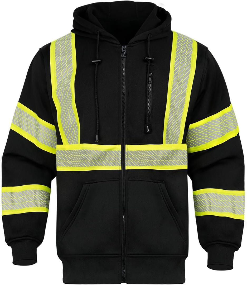 Hi Vis Hoodie for Men Reflective Safety Sweatshirts High Visibility Class 3 Construction Work Zipper Jackets XL