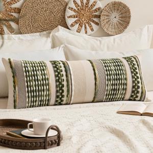 ANRODUO Pack of 1 Boho Decorative Throw Pillow Covers 14x36 Farmhouse Cushion Case Long Chenille Pillow Cases Lumbar Pillow Covers Accent Neutral Pillowcase for Sofa Couch Bed, Olive Green Stripe