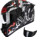 TRIANGLE Motorcycle Helmets Full face Helmet for Adults Men and Women Dual Visor with Internal Sunshield DOT Approved (Matte Black White, Large)