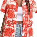 MYMORE  Womens Hawaiian Shirt Luau Party Tropical Vacation Button Down Shirts Short Sleeve Beach Hawaii Floral Print Top (Red, XL)