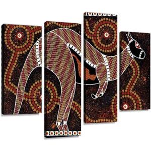 4 Panels Canvas paintings - aboriginal dot painting, kangaroo primitive arts and pictures - Wall Art modern Posters Framed Ready to Hang for Home Wall Decor