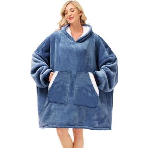 Kipswiza Oversized Wearable Blanket Hoodie, Cozy Sherpa Hooded Blankets Sweatshirt for Women Men Mom Daughter with Big Pockets as Gifts - Denim Blue (Adult/Regular)
