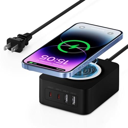60W USB Charging Station with 15W Wireless Charger, 2 USBA and 2 USBC Multiple Port Desktop Charger Quick Charge Block for iPhone 17 Pro Max 16e 16 Pro Max Samsung S25 Ultra iPad MacBook Laptop Pixel