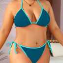Tempt Me Women String Plus Size Bikini Sets Sexy Triangle Two Piece Halter Swimsuits with Tie Side Bottom Bathing Suit (16 Plus, Blue)