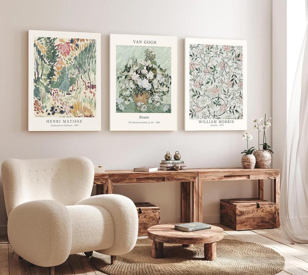 Induslyfe Large Framed Sage Green Vintage Wall Art Canvas Decor Set of 3, Matisse Wall Art Prints Poster Mid Century Modern Art, Aesthetic Floral Botanical wall art, bedroom living room bathroom 18x24 (18"x24")