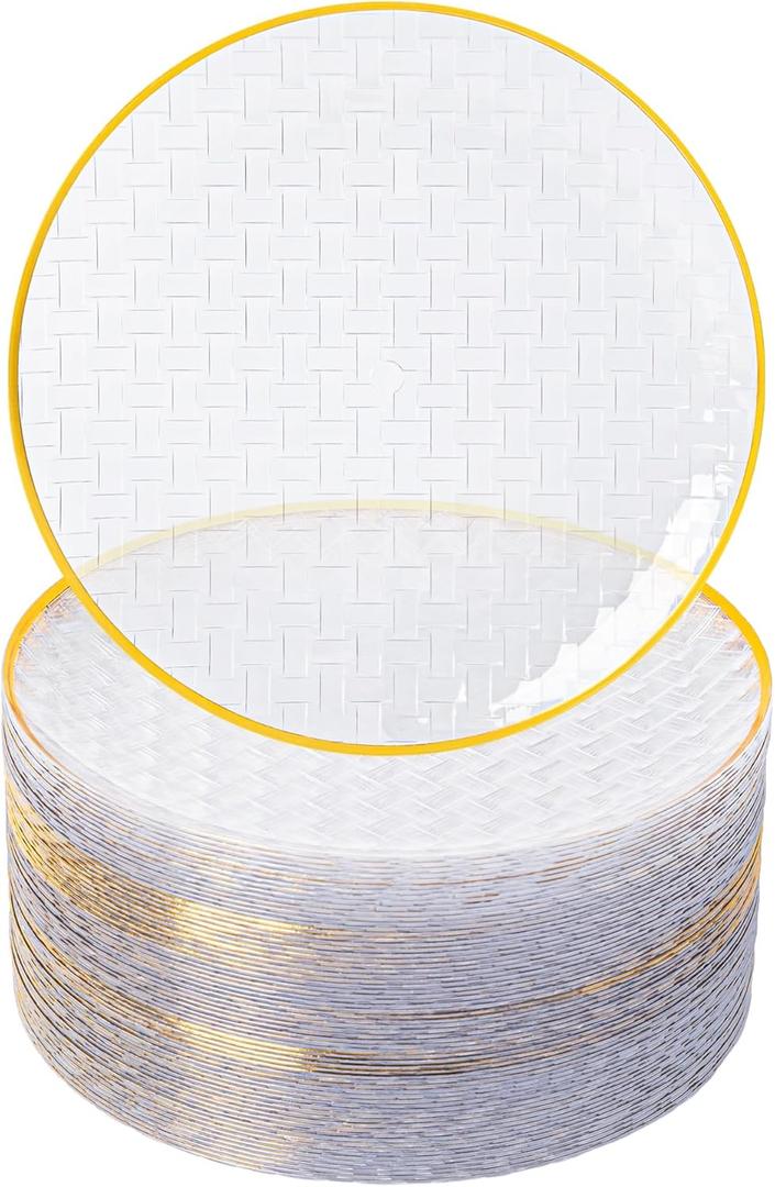 100 PCS Clear Plastic Plates with Gold Rim, Disposable Dessert Plate, 7" Salad Plate, Heavy Duty Weave Pattern Plates for Party, Wedding