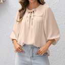 Womens Tops 3/4 Puff Sleeve Bow Tie Front Spring Easter Shirts Dressy Casual Elegant Flowy Loose Babydoll Blouses
