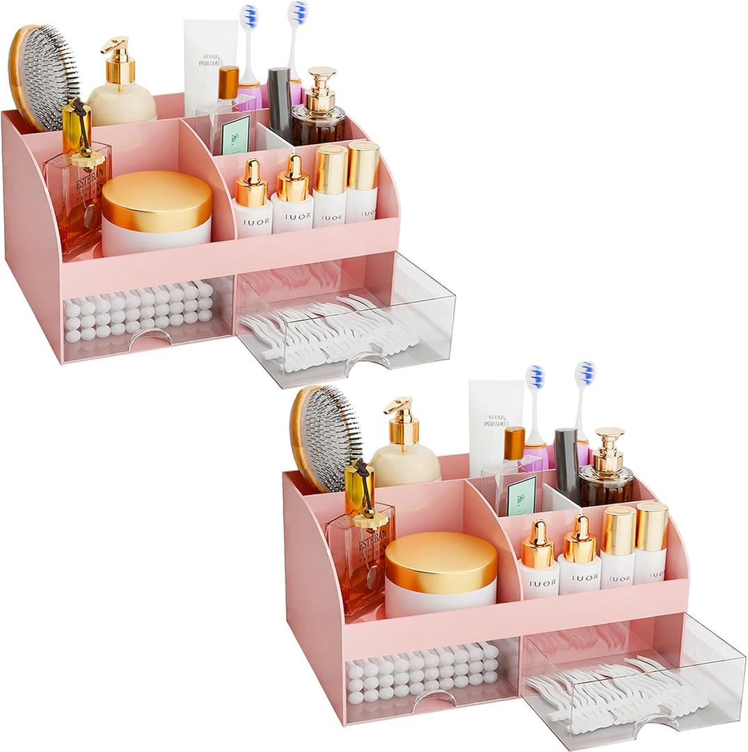 Makeup Organizer with Drawers, Cosmetic Storage for Dresser Vanity and Bathroom Countertop, Beauty Holder for Lipstick Brush, Skincare Organizer for Vanity, Cosmetic Display Case (Pink-2Pack)