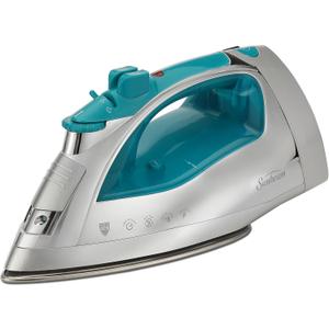 Sunbeam Turbo Steam Iron, 1700 Watt, Nonstick Ceramic Soleplate, Horizontal or Vertical Shot of Steam, Quick Heating, 3-Way Auto-Off, White and Chrome (Chrome/Teal) (One Size)