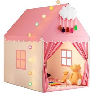 Pink Kids Play Tent with Mat, Cloud and Ball Lights Large Playhouse for Children and Girls Princess Castle Tent for Bed- Indoor & Outdoor Camping Tent(Cloth Door & Metal Rack)