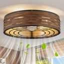20'' Flush-Mount Ceiling Fan with Dimmable Light and Memory Remote Control, Reversible Motor, Perfect for Bedroom, Kitchen, Outdoor Gazebo, Patio, Low-Profile Woodern Walnut Design Cage