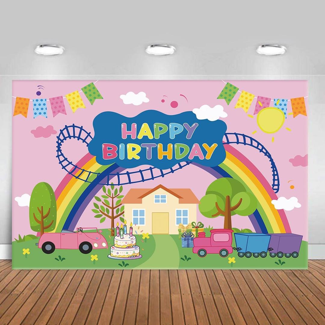 Happy Birthday Pink Pig Backdrop,Pink Pig Theme Birthday Backdrop Cartoon Decorations Photo Photography Background5x3ft