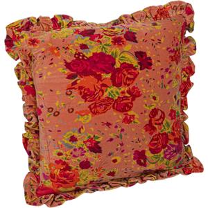 Creative Co-Op Cotton Velvet Printed Pillow with Floral Pattern, Chambray Back and Ruffle, Multicolor, Square