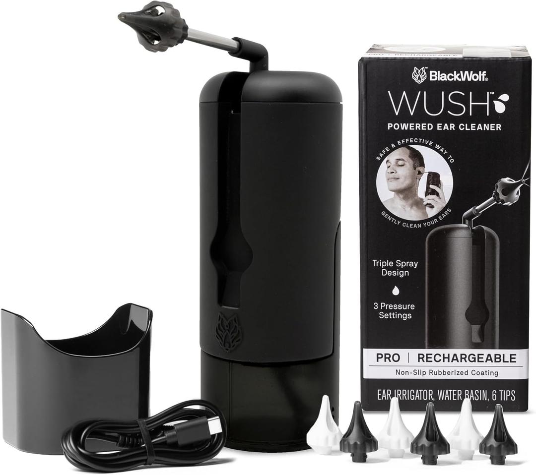 Wush by Black Wolf - Water Powered Ear Cleaner - Safe & Effective - Electric Triple Jet Stream with 3 Pressure Settings for Ear Wax Buildup - Ear Wax Removal Kit - Water Resistant, USB Rechargeable