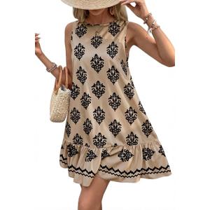 BLENCOT Womens Boho Dress Sleeveless Ruffle Mini Summer Vacation Casual Dresses (XL)