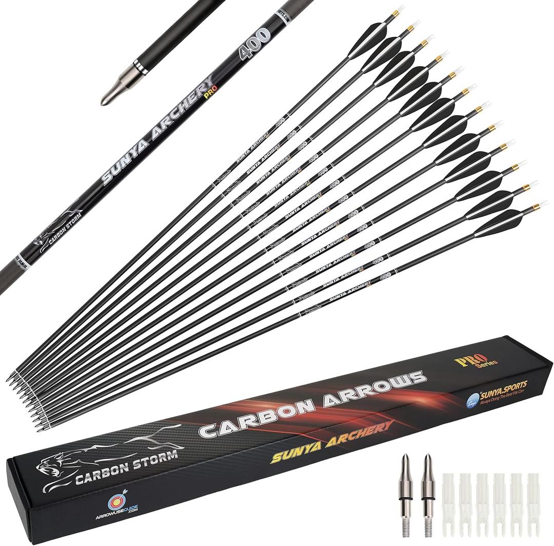 SUNYA 12-Pack 30 Inch Carbon Arrows Spine 500 or 400 for 40-60 LBS BowsSwitch to Recurve/Compound Modes, Anti-Loose O-Ring & TPU Vanes for Hunting/Target Practice